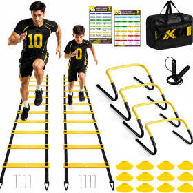 2 Pack Agility Ladder, Soccer Speed Training Equipment Set Total 26 Ft Agility Ladder, 12 Cones, 4 Adjustable Hurdles, Rope, For Soccer