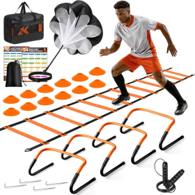 Agility Ladder, Soccer Football Training Equipment Agility Speed Training 20ft Ladder,4 Adjustable Hurdles, Parachute, Cones Rope