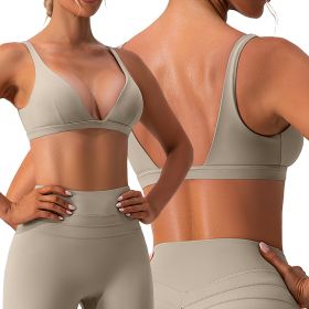 Women's Deep V-Neck Padded Sports Bra with Removable Pads for Yoga, Gym & Running (Color: Beige, size: S)
