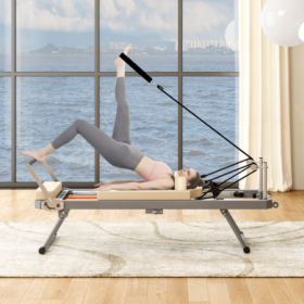 Pilates Reformer Machine For Home Gym Workout, Foldable Pilates Equipment With High Strength Alloy Springs For Beginners, Up To 330lbs (Specification: Beige)