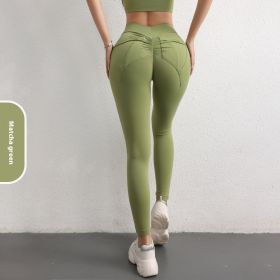 High Waist Hip Lift Yoga Pants With Pockets Women's Sports Fitness Trousers Leggings (Color: Matcha Green, size: small)