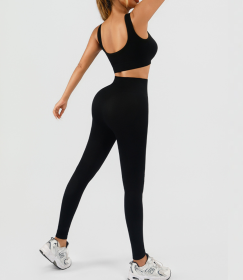 Women's Workout Outfits Ribbed Tank 2 Piece Seamless High Waist Gym Outfit Yoga Shorts Leggings Sets (Color: Black, size: S)