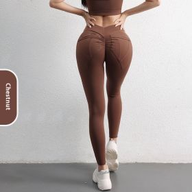 High Waist Hip Lift Yoga Pants With Pockets Women's Sports Fitness Trousers Leggings (Color: Chestnut, size: X-Large)