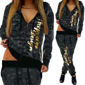 Spring And Autumn Light Camouflage Ladies Jogging Jogging Pants Jacket Sports Suit (Specification: Dark Grey/S)