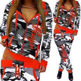Spring And Autumn Light Camouflage Ladies Jogging Jogging Pants Jacket Sports Suit (Specification: Light gray red/S)