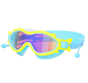 Kids Swim Goggles With Ear Plugs UV Protection Anti-Fog Leak Proof Wide View Pool Swimming Goggles (Color: Blue Yellow Rim)