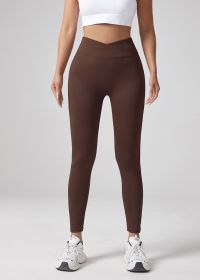 V-waist Yoga Elastic Tight Pants, Women's Peach Hip Lifting Running Speed Drying Yoga Pants, Workwear Pocket Button Pants (Color: Dark Brown, size: small)