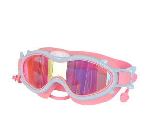 Kids Swim Goggles With Ear Plugs UV Protection Anti-Fog Leak Proof Wide View Pool Swimming Goggles (Color: Pink Blue Rim)