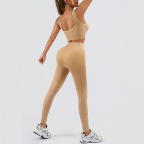 Women's Workout Outfits Ribbed Tank 2 Piece Seamless High Waist Gym Outfit Yoga Shorts Leggings Sets (Color: Khaki, size: S)