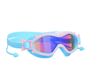Kids Swim Goggles With Ear Plugs UV Protection Anti-Fog Leak Proof Wide View Pool Swimming Goggles (Color: Blue Pink Rim)