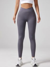 V-waist Yoga Elastic Tight Pants, Women's Peach Hip Lifting Running Speed Drying Yoga Pants, Workwear Pocket Button Pants (Color: Grey, size: small)
