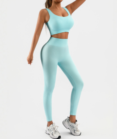 Women's Workout Outfits Ribbed Tank 2 Piece Seamless High Waist Gym Outfit Yoga Shorts Leggings Sets (Color: Lake Blue, size: M)