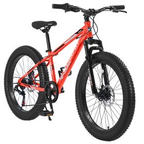 S24109 Elecony 24 Inch Fat Tire Bike Youth Full Shimano 7 Speeds Mountain Bike, Dual Disc Brake, High-Carbon Steel Frame, Front Suspension, Mountain T (Option: Orange)