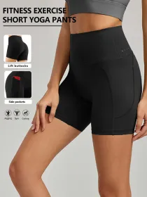 Plus Size Yoga Biker Shorts With Pockets High Waist, Tummy Control Gym Leggings (Color: Black, size: medium)