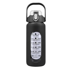 64Oz Glass Water Bottle Sports Water Bottle Motivational Water Bottle Water Intake Tracker Bottle with Straw Time Marker Silicone Sleeve Handle for Gy (Color: Black, size: 64oz)