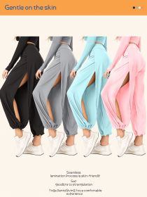 [4 Pack High Waist Split Pants]Women's Loose Fit Yoga Trousers, Black+Gray+Blue+Pink Elastic Waist Workout Pants with Side Slit (Color: Black+Gray+Blue+Pink, size: XL)