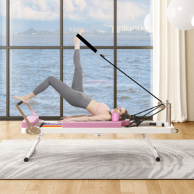 Pilates Reformer Machine For Home Gym Workout, Foldable Pilates Equipment With High Strength Alloy Springs For Beginners, Up To 330lbs (Specification: Pink)