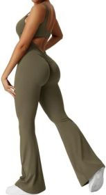 Women Sleeveless Flare Jumpsuits Fitness Yoga Long Pants (Color: Army Green, size: S)