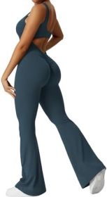 Women Sleeveless Flare Jumpsuits Fitness Yoga Long Pants (Color: Dark Green, size: M)