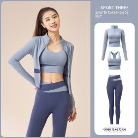 Women's Jacket Trousers Bra Yoga Workout Clothes (Specification: Gray Lake Blue/XL)