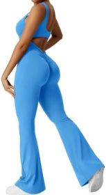 Women Sleeveless Flare Jumpsuits Fitness Yoga Long Pants (Color: Colorful Blue, size: 2XL)