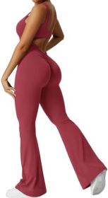 Women Sleeveless Flare Jumpsuits Fitness Yoga Long Pants (Color: Wine Red, size: L)