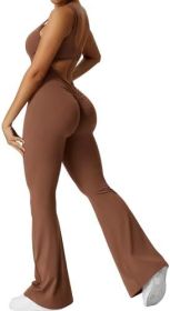Women Sleeveless Flare Jumpsuits Fitness Yoga Long Pants (Color: Coffee, size: 2XL)