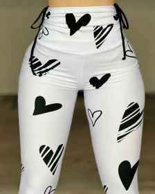 Drawstring Heart Print Yoga Sports Hip-hop Fitness Leggings (Color: White, size: X-Large)