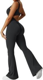 Women Sleeveless Flare Jumpsuits Fitness Yoga Long Pants (Color: Black, size: M)