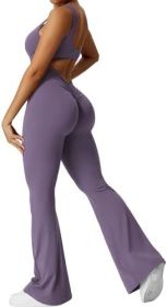 Women Sleeveless Flare Jumpsuits Fitness Yoga Long Pants (Color: Purple, size: XL)